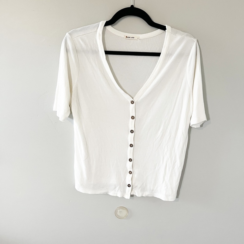 Marine Layer Lexi Ribbed Shirt White V-Neck Button Front Cropped Large - Picture 5 of 11